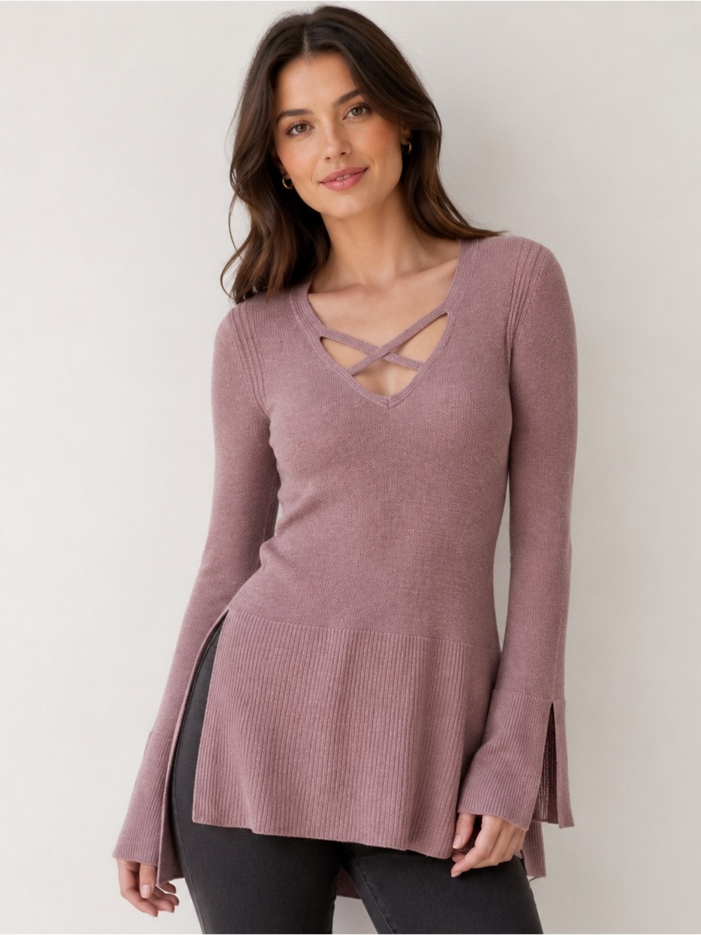 Free People Mauve Crisscross V‑Neck Long Sleeve Tunic
